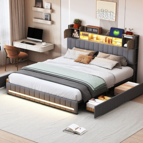 Sunfecili – Lit coffre 140x190 avec 4 tiroirs – Tête de lit avec rangement – LED réglables et ports USB intégrés – Tissu lin gris (1/5)