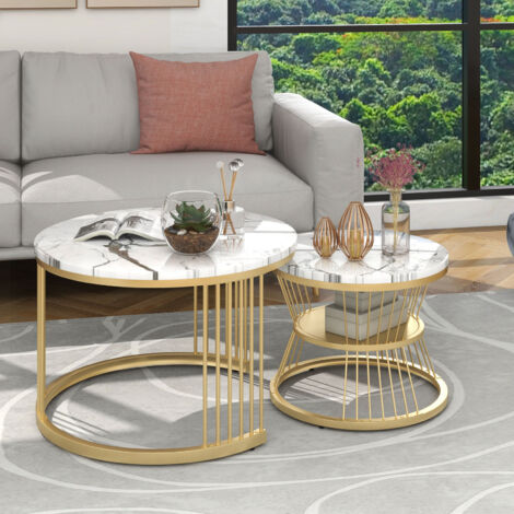 Sunfecili – Table basse gigogne moderne en MDF avec cadre doré – Ensemble de 2 tables rondes 70x70x45cm et 45x45x40cm – Design empilable pour gain d'espace