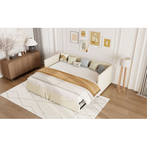Sunfecili – Lit gigogne 90/180x200 cm – Lit capitonné avec accoudoirs – Tissu velours beige – Pour adolescents et invités – Surface de couchage 90/180x200 cm