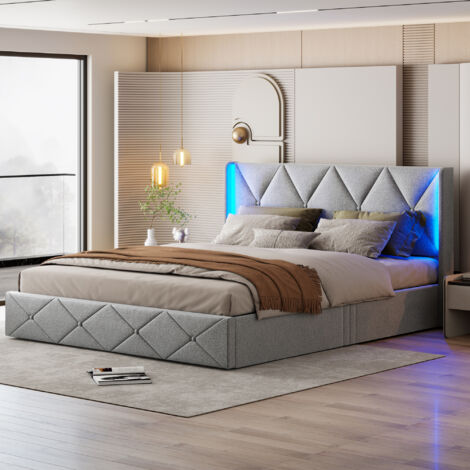 Sunfecili – Lit coffre 160x200 avec sommier – Tête de lit avec LED réglable – Velours glacé gris – Capacité de charge 300 kg – Rangement intégré (1/5)