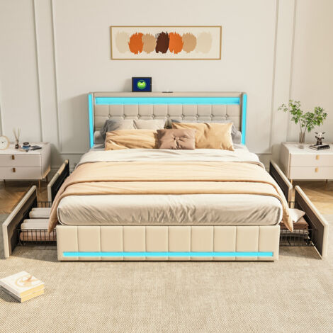 Sunfecili – Lit double capitonné 140x200 cm – 4 tiroirs de rangement – Tête de lit avec lumières LED et USB – Lin doux beige (1/5)