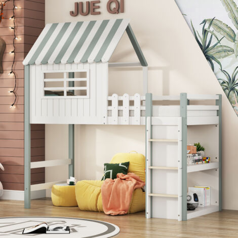 lit mezzanine,lit mezzanine 1 place,lit mi hauteur,lit enfant 90x200,orme de lit avec tapis de sécurité et tapis multifonctions, pari en bois massif avec lattenrost,Vert
