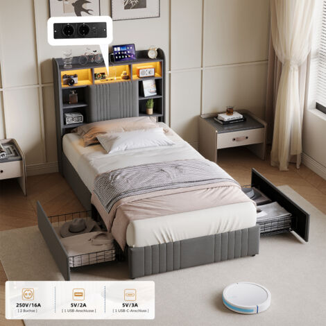 lit 90x200,lit 1 personne,Lit rembourré,Lit avec rangement et coussins en lin avec LED et compartiments de rangement,Gris