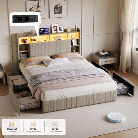 lit 160x200,lit coffre 160x200 avec 4 tiroirs,Lit adult,Lit avec rangement et coussins en lin avec LED et compartiments de rangement,Beige