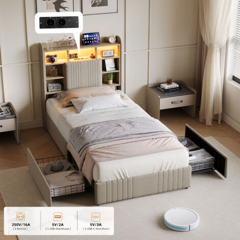 lit 90x200,lit 1 personne,Lit rembourré,Lit avec rangement et coussins en lin avec LED et compartiments de rangement,Beige