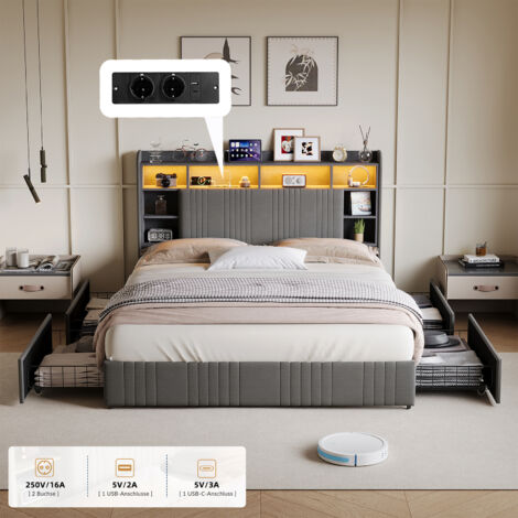 lit 160x200,lit coffre 160x200 avec 4 tiroirs,Lit adult,Lit avec rangement et coussins en lin avec LED et compartiments de rangement,Gris