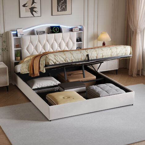 lit 140x190,lit coffre 140x190 cm en velours avec LED, tête de lit avec rangement et ports USB/Type-C, lit double avec sommier relevable et grand espace de stockage, beige
