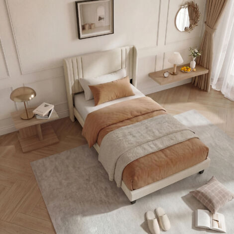 Lit 90x200,lit 1 personne en lin avec sommier à lattes, cadre de lit robuste bois et métal, 15 cm espace de rangement, style moderne beige
