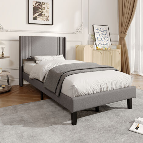 Lit 90x200,lit 1 personne en lin avec sommier à lattes, cadre de lit robuste bois et métal, 15 cm espace de rangement, style moderne gris