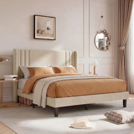 Lit 160x200 avec sommier,lit double rembourré en lin avec sommier à lattes, cadre de lit robuste bois et métal, 15 cm espace de rangement, style moderne beige