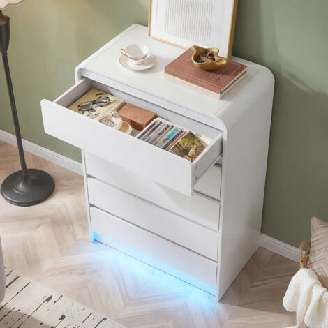 Commode, Meuble de Chambre, Meuble de Rangement,Commode 5 tiroirs avec LED RGB, meuble de rangement moderne sans poignée, grande capacité, bois robuste, blanc
