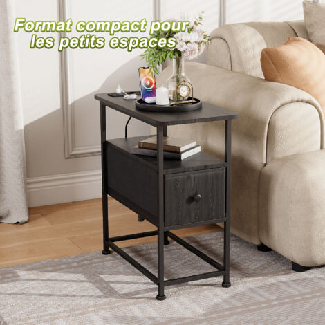 Table d’Appoint avec Prises et USB, Table de Canapé avec 1 Tiroir et Étagère, Table de Chevet Moderne Blanc, Bout de Canapé Gain de Place,Noir