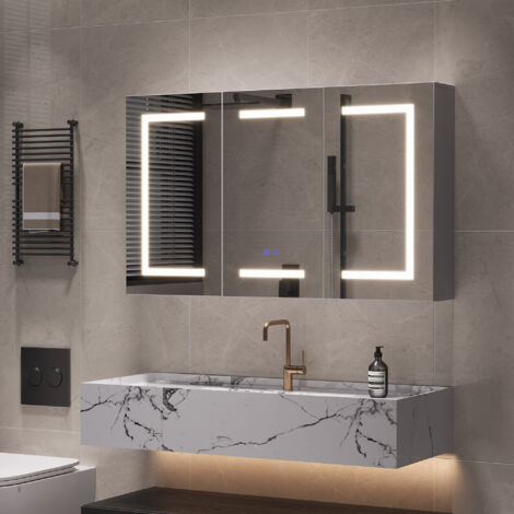 Armoire salle de bain miroir,Armoire de toilette miroir 3 portes avec éclairage LED 3 couleurs, fonction anti-buée, prise électrique EU intégrée, étagères réglables, design moderne