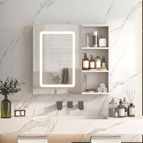 Armoire salle de bain miroir, Armoire de toilette miroir 1 porte avec éclairage LED 3 couleurs, fonction anti-buée, étagères réglables et rangement latéral ouvert