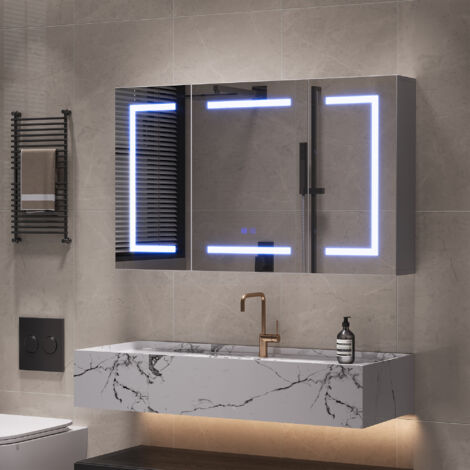 Armoire salle de bain miroir, Armoire de toilette miroir 3 portes avec éclairage LED 3 couleurs, fonction anti-buée, prise électrique EU intégrée, étagères réglables, design moderne