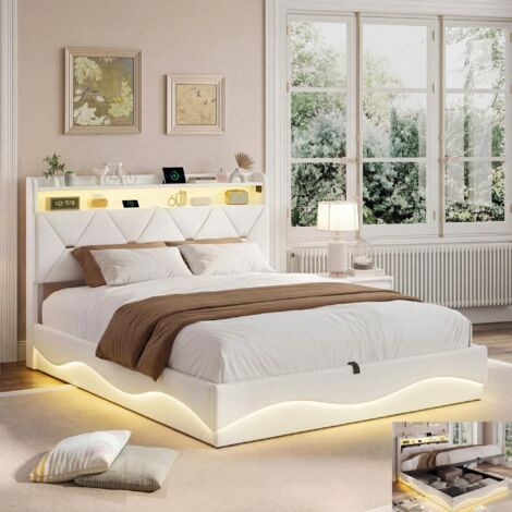 Lit coffre 160x200 cm,Lit adulte,lit capitonné,avec tête de lit,éclairage LED,USB,velours beige,Cadre de lit,avec levier hydraulique (1/5)