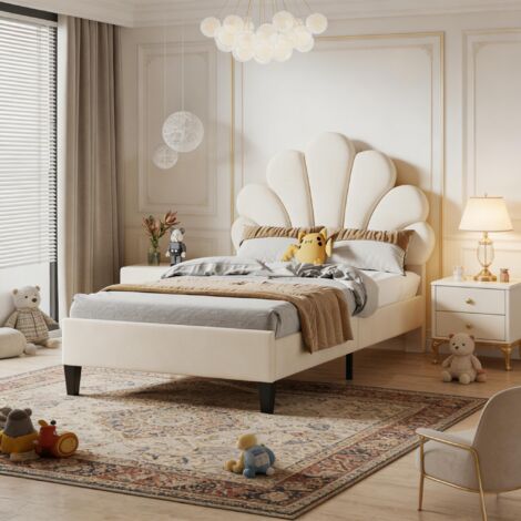 Lit enfant 90x200 cm, lit fille avec tête de lit en forme fleur, lit simple en velours doux, Cadre de Lit, Hauteur Ajustable, Beige (1/5)