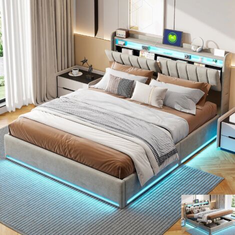 Lit coffre 140 x 200 avec sommier,lit double avec LED et USB,rangement dans la tête de lit capitonné,lit coffre 140x200 Velours Gris (1/5)