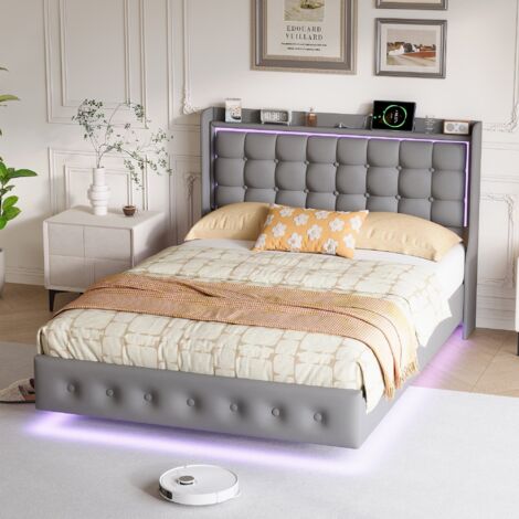 Lit capitonné 160×200 cm,Lit double Flottant,Tête de lit avec étagère,ports USB/Type-C,éclairage LED,sommier à lattes,Velours Gris (1/5)