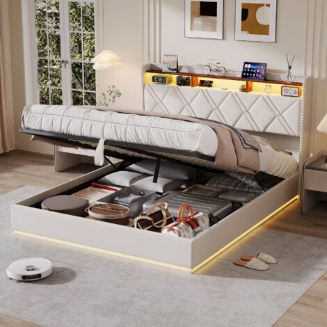 Lit double rembourré 140 x 200 cm avec éclairage LED,Lit coffre avec rangements et ports USB et Type-C,aspect Lin Beige,Lit adulte (1/5)
