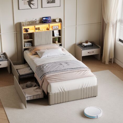 Lit 90 x 200 cm avec Sommier-Lit Simple avec LED et USB-Lit Coffre avec 2 Tiroirs-Tête de Lit Rangement-Cadre de Lit en Lin Beige (1/5)