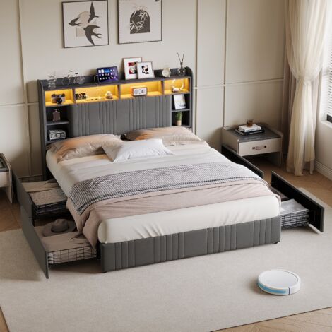 Lit capitonné double 140 x 200 cm en Lin Gris avec 4 tiroirs, éclairage LED, ports USB, Tête de lit rangement, Sommier à lattes (1/5)