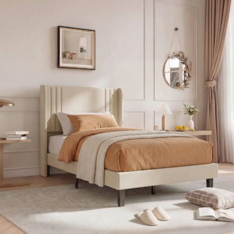 Cadre de Lit-SUNFECILI-90x200 cm-Une Place-Lit Simple avec Sommier à Lattes-Tête de Lit Rembourré-Lin Beige-Pour Enfant, Ado, Adulte (1/5)