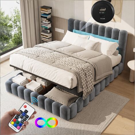 Lit coffre 180x200 cm en Velours Gris,Lit Double Rembourré avec Sommier,Rangement,Bande LED,Ports USB/Type-C,Design Moderne Original (1/5)
