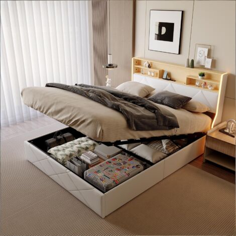 Lit coffre 160x200 cm,Tête de lit avec Rangement,Ports USB/Type-C,Bande LED RGB Contrôlable,Lit Hydraulique,PU Blanc,Design Moderne (1/5)