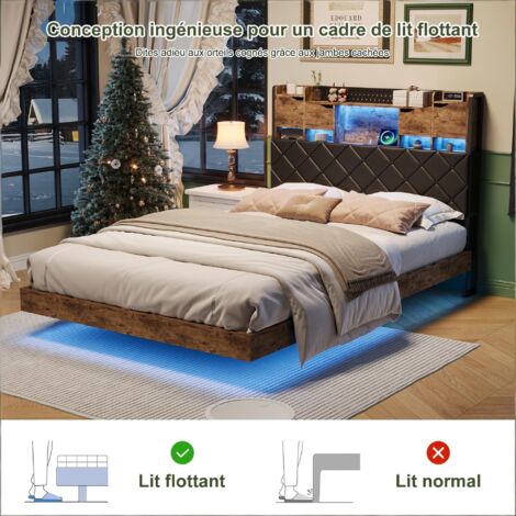 Cadre de Lit 160x200 cm,Lit flottant,LED et USB,Structure de Lit Double,Tête de lit avec Rangement,2 personnes,Adulte,Marron Noir (1/5)