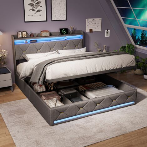 Lit 160x200 cm avec hydraulique,Lit coffre avec sommier à lattes,tête de lit,LED,Recharge sans Fil,USB,Lit double rembourré,Lin Gris (1/5)