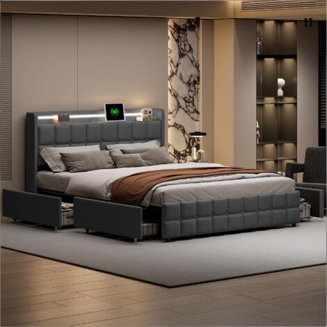 Lit rembourré 160x200 cm avec sommier à lattes et 4 tiroirs - Lit Double avec tête de lit rangement - Ports USB - LED - Lin Gris (1/5)