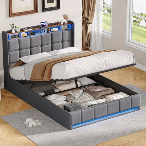 Lit double rembourré 140 x 200 cm avec éclairage LED,Lit coffre avec rangement et ports USB/Type-C,Lin Gris,Sommier à lattes inclus (1/5)