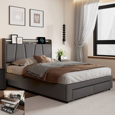 Lit Double Coffre 140x200 cm,Lit rembourré avec levier hydraulique rangement en Lin Gris Foncé,avec 2 Tiroirs,port USB,Lumières LED (1/5)