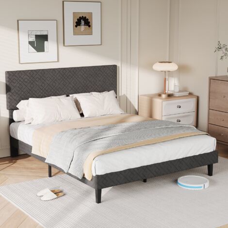 Lit Capitonné 160x200 cm avec Sommier à Lattes en bois, Tête de Lit en Lin, Lit Adulte Double pour 2 Personnes, Montage facile, Gris (1/5)
