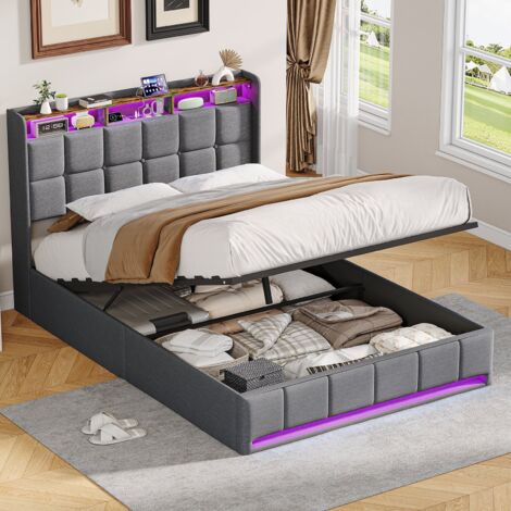 Lit coffre 140x190 - SUNFECILI - avec LED et USB/Type-C - Lit double avec Rangement et Tête de Lit - 2 Personnes - Moderne -Lin Gris (1/5)