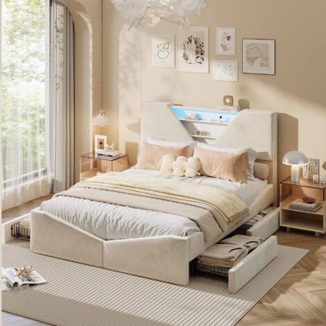 Cadre de Lit double rembourré 160x200 cm en Velours Beige,Tête de Lit rangement,4 Tiroirs,LED Réglable,Adulte/ado,Sommier à lattes (1/5)