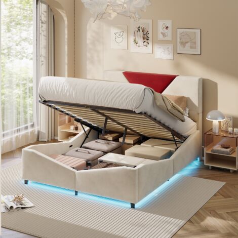 Lit double adulte 140x200 cm,Lit coffre avec LED,Lit capitonné en tissu velours,Espace de rangement,Sommier,Design original,Beige (1/5)