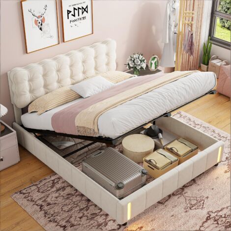 Lit coffre double 140x200 cm avec rangement,Tête de lit rembourrée en Velours,Sommier à lattes,Lampe inductive pied,Moderne, Beige (1/5)