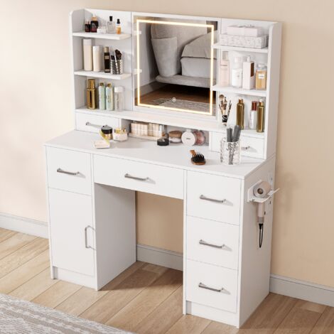 Coiffeuse avec Miroir LED Tactile,Prise,Port USB,7 Tiroirs,Support Sèche-Cheveux,Meuble de Maquillage Moderne,110x40x140 cm,Blanc