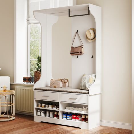Porte-Manteau Entrée, Meuble d'entrée, avec Banc À Chaussures, Miroir, 4 Crochets, Armoire à Chaussures, 104x35x180 cm, Blanc