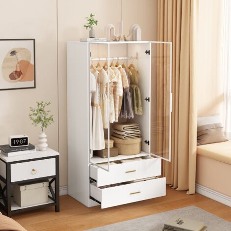 Armoire de chambre avec LED - Armoire avec 2 portes vitrées, 1 tringle et 2 tiroirs - armoire pour dressing - 80x50x175 cm - Blanc
