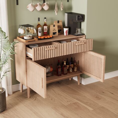 Buffet de rangement 100×35×80 cm,2 tiroirs,2 portes,anti-inclinaison,Buffet Scandinave pour salon,entrée,salle à manger,Bois naturel