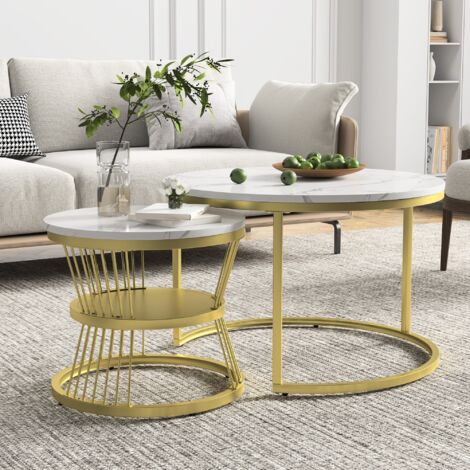 Table Basse Ronde,Table Basse Gigogne 2 Pièces,Effet Marbre Blanc,Structure Métal Doré,Table de Salon avec Rangement,Design Moderne