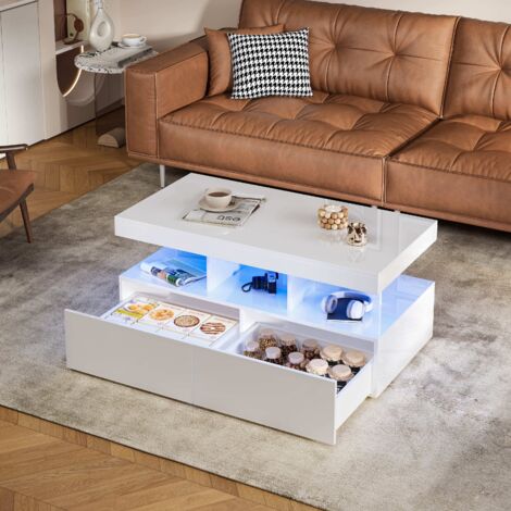 Table Basse Blanc Brillant 104x53x46 cm avec LED RGB,Table d'Appoint avec 2 Tiroirs et ouvert de Rangement,Style Moderne pour Salon