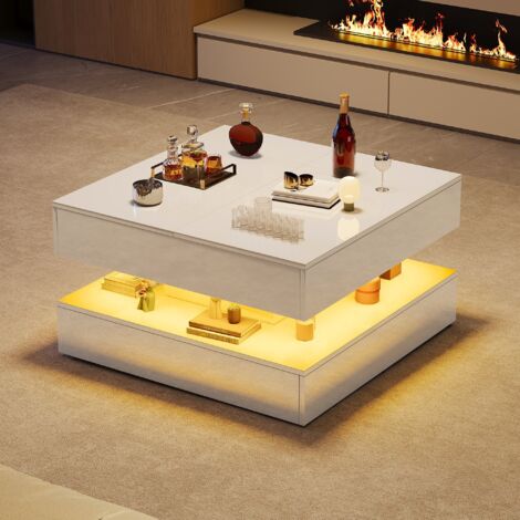 Table Basse coulissante,avec Lumières LED Réglables,2 Tiroirs et 2 Niveaux de Rangement,App Contrôle et Télécommande,Blanc Brillant