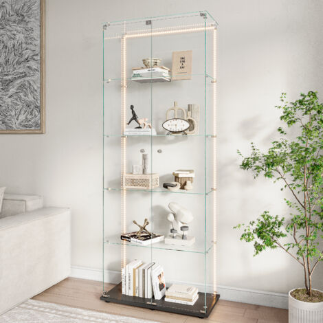 Vitrine pour collection,Vitrine en verre avec bande LED réglable, armoire vitrine double porte 5 niveaux en verre trempé, meuble d’exposition lumineux pour salon, chambre ou bureau, base noire (1/5)