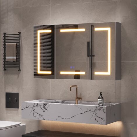 Armoire murale Salle de Bain avec miroir-Désembuage-3 Portes-LED 3 couleurs-Prise/USB-sortie de mouchoirs intégrée-100x13,5x60 cm (1/5)