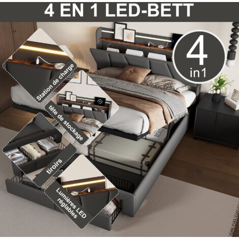 Lit Coffre 160x200 avec Sommier, Lit Double Capitonné avec LED, 4 en 1, Cadre de Lit, 2 Tiroirs de Rangement,Tissu en Lin,Gris Foncé (1/5)