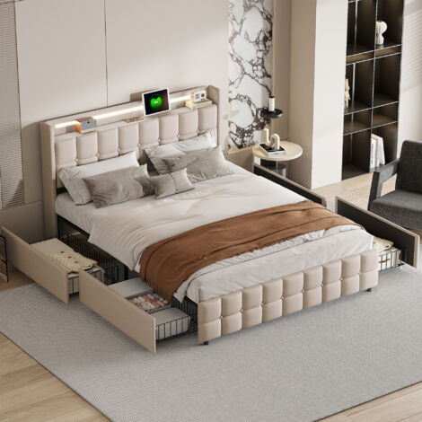 lit adulte 180x200,lit double 180x200 avec 4 tiroirs,Tête de lit avec lumières LED réglables et chargement USB,lin,beige --SUNFECILI